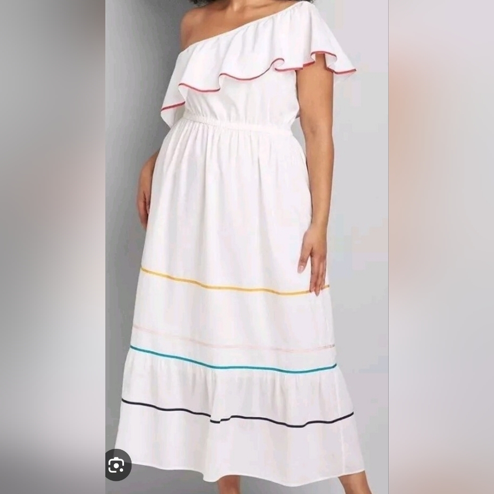 Lane Bryant White One-Shoulder Ruffle Maxi Dress with Multicolor Trim